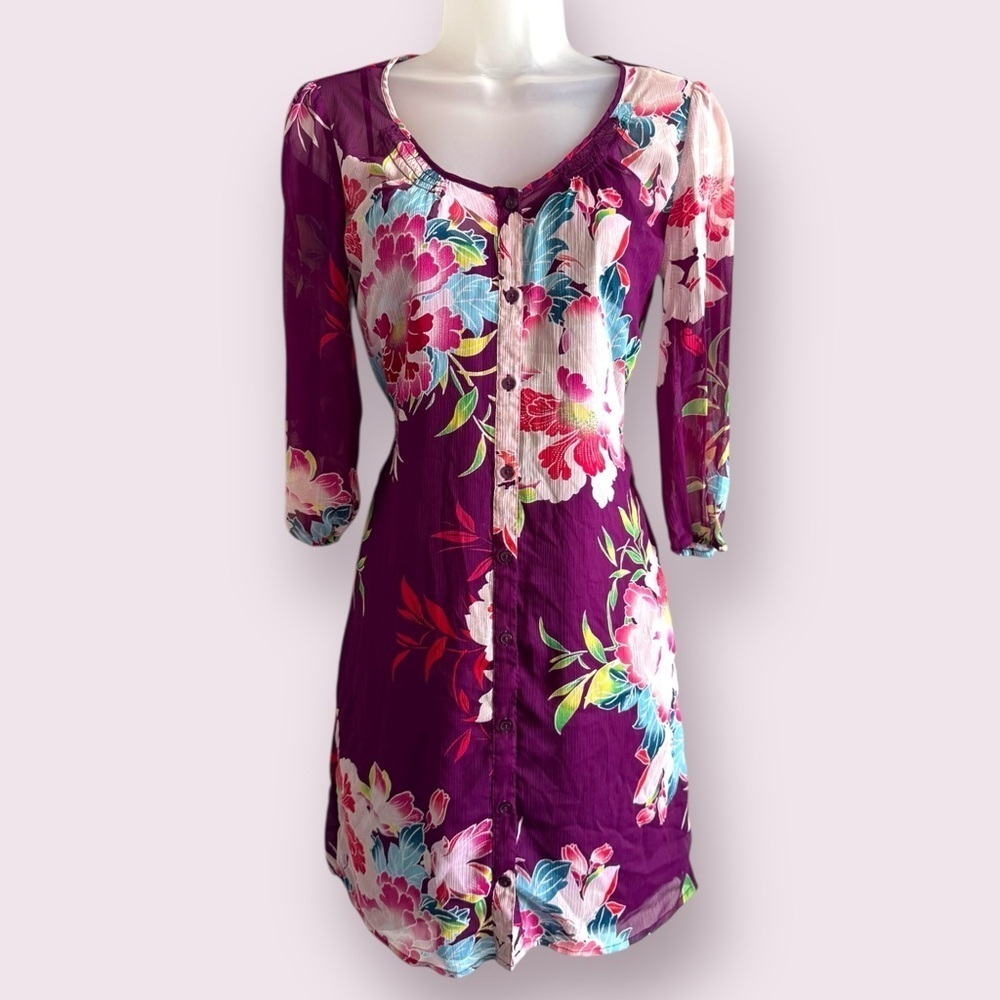 Express Floral Button Front Mini Dress Purple Pink XS